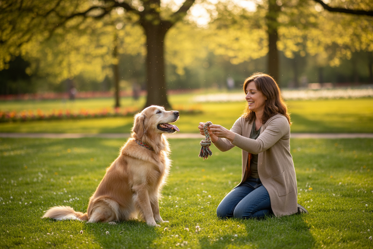 Pet owner playing with older dog